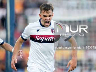 Thijs Dallinga of Bologna FC celebrates scoring third goal later disallowed by VAR during the Serie A Enilive match between AS Roma and Bolo...