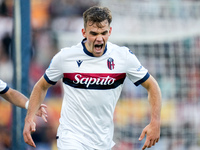 Thijs Dallinga of Bologna FC celebrates scoring third goal later disallowed by VAR during the Serie A Enilive match between AS Roma and Bolo...