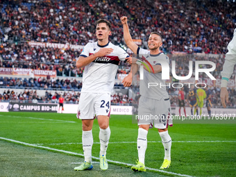 Thijs Dallinga of Bologna FC celebrates scoring third goal later disallowed by VAR during the Serie A Enilive match between AS Roma and Bolo...