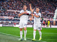 Thijs Dallinga of Bologna FC celebrates scoring third goal later disallowed by VAR during the Serie A Enilive match between AS Roma and Bolo...