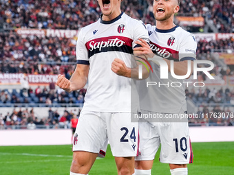 Thijs Dallinga of Bologna FC celebrates scoring third goal later disallowed by VAR during the Serie A Enilive match between AS Roma and Bolo...