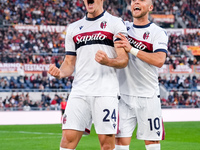 Thijs Dallinga of Bologna FC celebrates scoring third goal later disallowed by VAR during the Serie A Enilive match between AS Roma and Bolo...