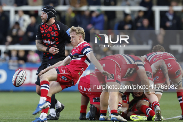 Ollie Fox of Doncaster Knights clears during the Premiership Cup Pool A match between Newcastle Falcons and Doncaster Knights at Kingston Pa...