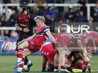 Ollie Fox of Doncaster Knights clears during the Premiership Cup Pool A match between Newcastle Falcons and Doncaster Knights at Kingston Pa...