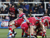 Ollie Fox of Doncaster Knights clears during the Premiership Cup Pool A match between Newcastle Falcons and Doncaster Knights at Kingston Pa...