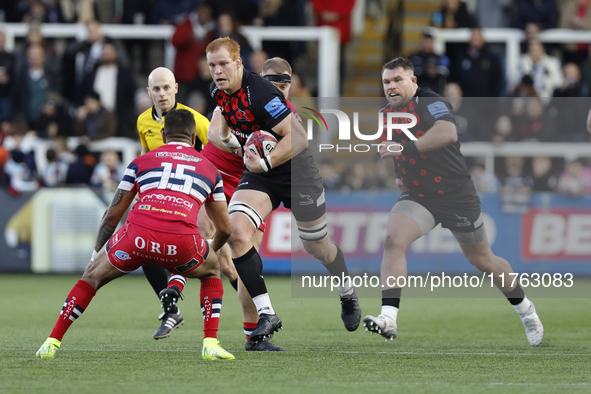 Philip van der Walt of Newcastle Falcons charges during the Premiership Cup Pool A match between Newcastle Falcons and Doncaster Knights at...