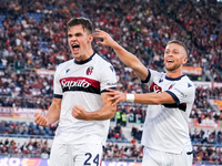 Thijs Dallinga of Bologna FC celebrates scoring third goal later disallowed by VAR during the Serie A Enilive match between AS Roma and Bolo...