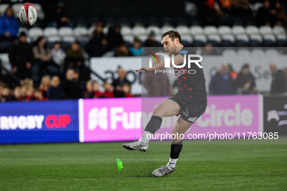 Brett Connon of Newcastle Falcons adds the extras during the Premiership Cup Pool A match between Newcastle Falcons and Doncaster Knights at...