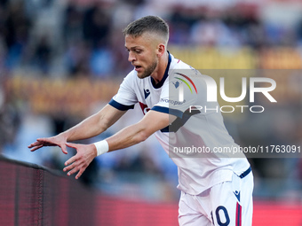 Jesper Karlsson of Bologna FC celebrates after scoring third goal during the Serie A Enilive match between AS Roma and Bologna FC at Stadio...