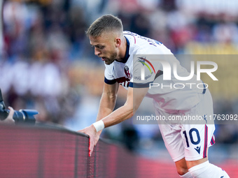 Jesper Karlsson of Bologna FC celebrates after scoring third goal during the Serie A Enilive match between AS Roma and Bologna FC at Stadio...