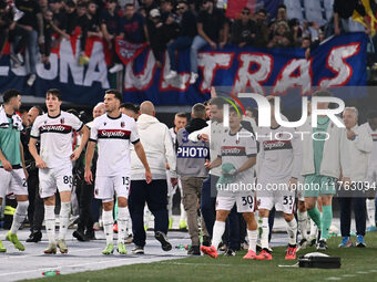 Bologna F.C. celebrates the victory during the 12th day of the Serie A Championship between A.S. Roma and Bologna F.C. at the Olympic Stadiu...