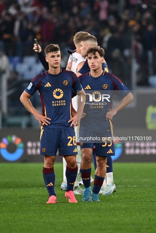 Samuel Dahl of A.S. Roma and Tommaso Baldanzi of A.S. Roma participate in the 12th day of the Serie A Championship between A.S. Roma and Bol...