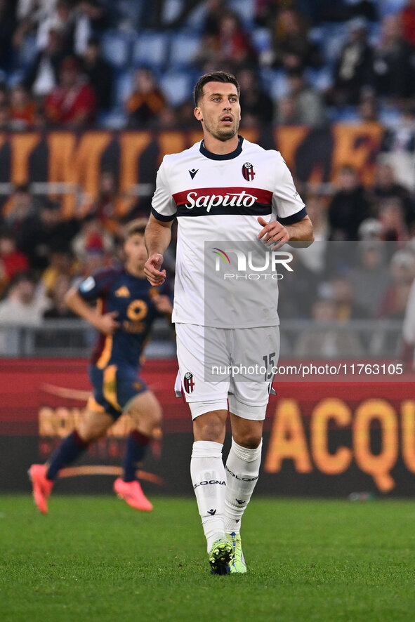 Nicolo Casale of Bologna F.C. participates in the 12th day of the Serie A Championship between A.S. Roma and Bologna F.C. at the Olympic Sta...