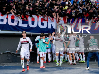 Jesper Karlsson of Bologna FC celebrates after scoring third goal during the Serie A Enilive match between AS Roma and Bologna FC at Stadio...