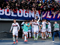 Jesper Karlsson of Bologna FC celebrates after scoring third goal during the Serie A Enilive match between AS Roma and Bologna FC at Stadio...