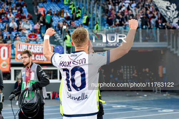 Jesper Karlsson of Bologna FC celebrates after scoring third goal during the Serie A Enilive match between AS Roma and Bologna FC at Stadio...