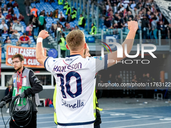 Jesper Karlsson of Bologna FC celebrates after scoring third goal during the Serie A Enilive match between AS Roma and Bologna FC at Stadio...