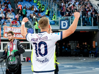 Jesper Karlsson of Bologna FC celebrates after scoring third goal during the Serie A Enilive match between AS Roma and Bologna FC at Stadio...