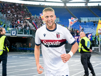 Jesper Karlsson of Bologna FC celebrates after scoring third goal during the Serie A Enilive match between AS Roma and Bologna FC at Stadio...