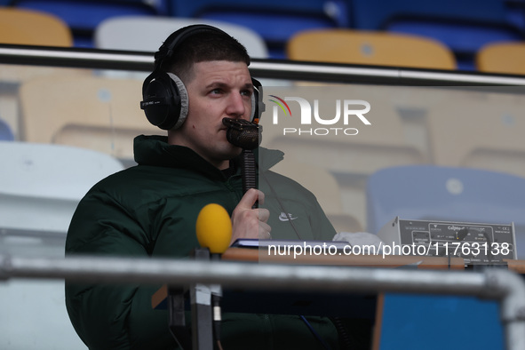 BBC Tees commentator Rob Law is present during the Vanarama National League match between York City and Hartlepool United at LNER Community...