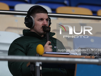 BBC Tees commentator Rob Law is present during the Vanarama National League match between York City and Hartlepool United at LNER Community...