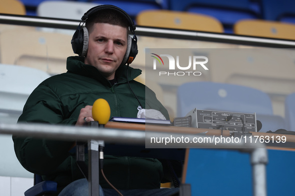 BBC Tees commentator Rob Law is present during the Vanarama National League match between York City and Hartlepool United at LNER Community...