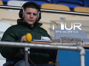 BBC Tees commentator Rob Law is present during the Vanarama National League match between York City and Hartlepool United at LNER Community...