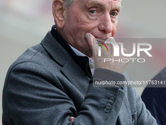 Hartlepool United manager Lennie Lawrence is present during the Vanarama National League match between York City and Hartlepool United at LN...