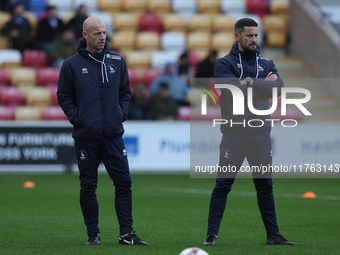 Hartlepool United's first team coach Gavin Skelton (left) and Hartlepool United's head coach Anthony Limbrick are present during the Vanaram...