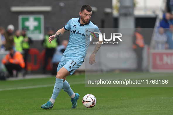 Luke Charman of Hartlepool United participates in the Vanarama National League match between York City and Hartlepool United at LNER Communi...