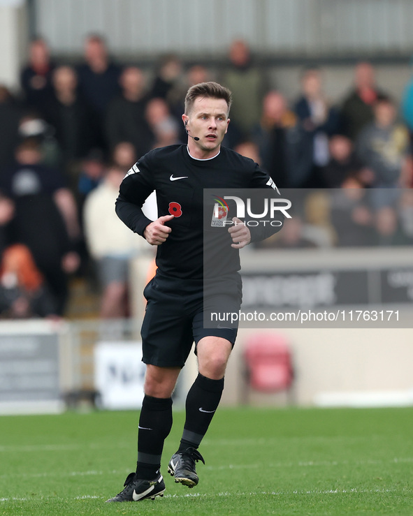 Match referee John Mulligan officiates during the Vanarama National League match between York City and Hartlepool United at LNER Community S...