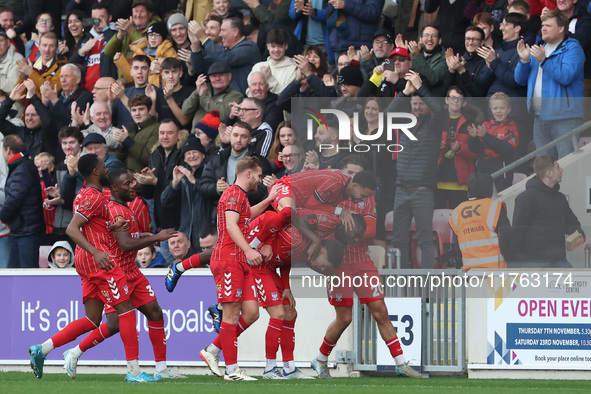 Alex Hunt celebrates after scoring York City's second goal during the Vanarama National League match between York City and Hartlepool United...