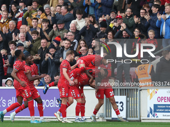 Alex Hunt celebrates after scoring York City's second goal during the Vanarama National League match between York City and Hartlepool United...