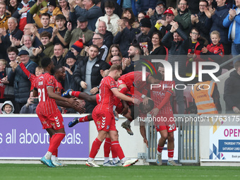 Alex Hunt celebrates after scoring York City's second goal during the Vanarama National League match between York City and Hartlepool United...