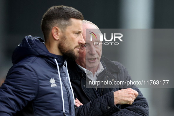 Hartlepool United manager Lennie Lawrence discusses with Hartlepool United's Head Coach Anthony Limbrick during the Vanarama National League...