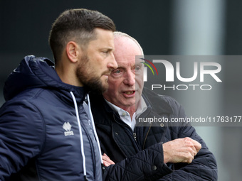 Hartlepool United manager Lennie Lawrence discusses with Hartlepool United's Head Coach Anthony Limbrick during the Vanarama National League...