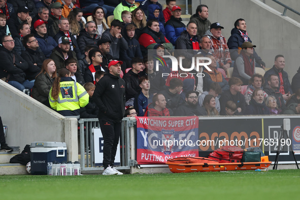 York City manager Adam Hinshelwood is present during the Vanarama National League match between York City and Hartlepool United at LNER Comm...