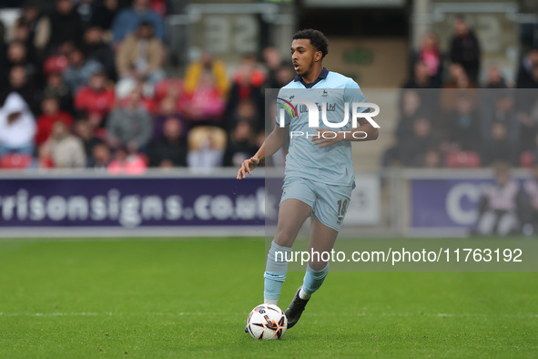 Roshaun Mathurin of Hartlepool United is in action during the Vanarama National League match between York City and Hartlepool United at LNER...