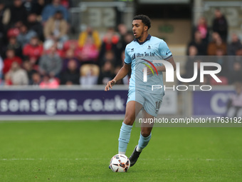 Roshaun Mathurin of Hartlepool United is in action during the Vanarama National League match between York City and Hartlepool United at LNER...