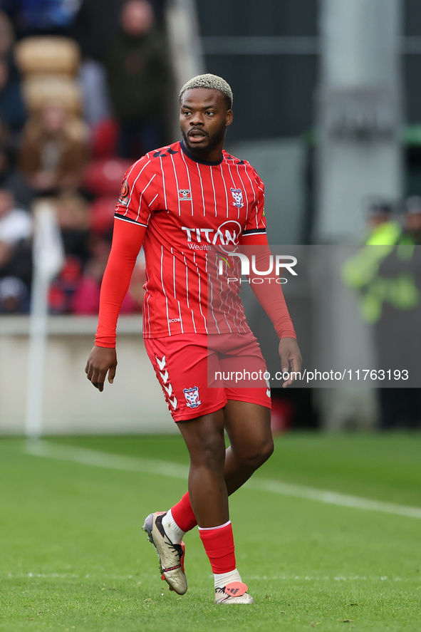 Dipo Akinyemi of York City plays during the Vanarama National League match between York City and Hartlepool United at LNER Community Stadium...