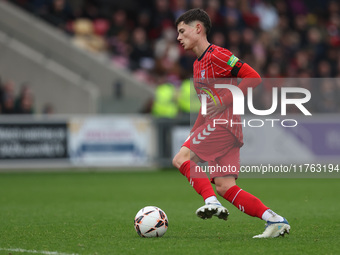 Alex Hunt of York City plays during the Vanarama National League match between York City and Hartlepool United at LNER Community Stadium in...