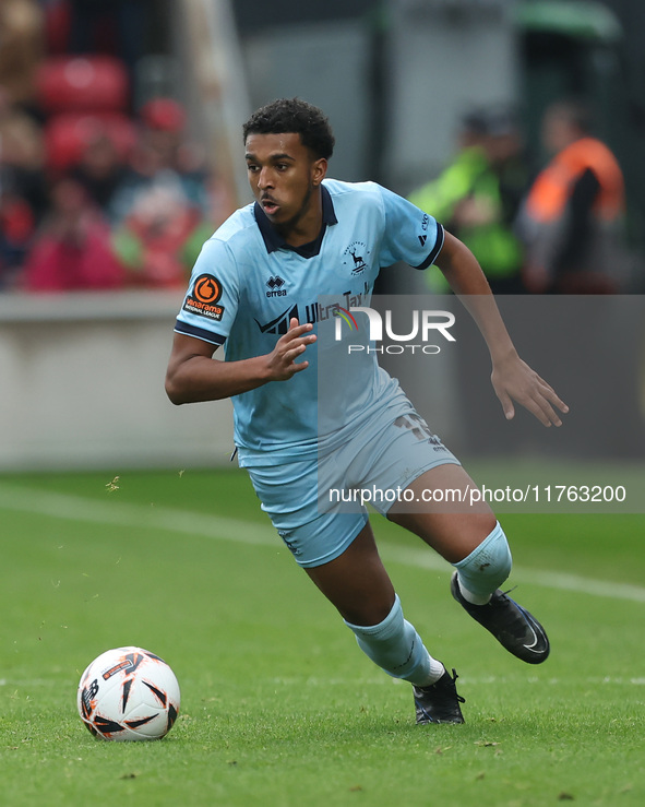 Roshaun Mathurin of Hartlepool United is in action during the Vanarama National League match between York City and Hartlepool United at LNER...