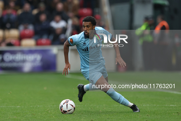 Roshaun Mathurin of Hartlepool United is in action during the Vanarama National League match between York City and Hartlepool United at LNER...