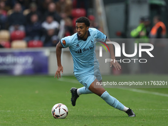 Roshaun Mathurin of Hartlepool United is in action during the Vanarama National League match between York City and Hartlepool United at LNER...