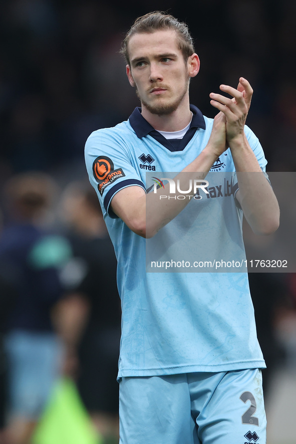 Daniel Dodds of Hartlepool United applauds the traveling fans during the Vanarama National League match between York City and Hartlepool Uni...