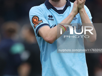 Daniel Dodds of Hartlepool United applauds the traveling fans during the Vanarama National League match between York City and Hartlepool Uni...