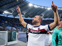 Lorenzo De Silvestri of Bologna FC celebrates the victory at the end of the Serie A Enilive match between AS Roma and Bologna FC at Stadio O...