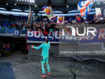 Lukasz Skorupski of Bologna FC celebrates the victory at the end of the Serie A Enilive match between AS Roma and Bologna FC at Stadio Olimp...