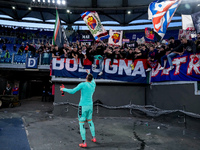 Lukasz Skorupski of Bologna FC celebrates the victory at the end of the Serie A Enilive match between AS Roma and Bologna FC at Stadio Olimp...