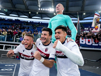 Jesper Karlsson of Bologna FC celebrates the victory with Riccardo Orsolini and Santiago Castro at the end of  the Serie A Enilive match bet...